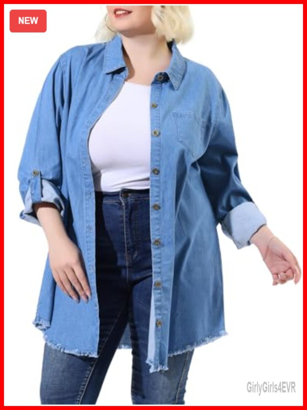 Plus Size Chambray Button Down Shirt Long Sleeve Boyfriend Fit Blouse